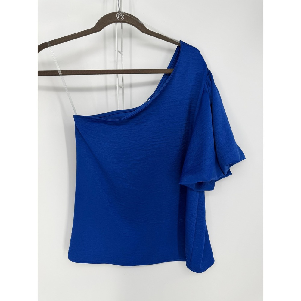 Tyche One Shoulder Top Womens S Blue Flutter Sleeve Asymmetrical Chic Royalcore